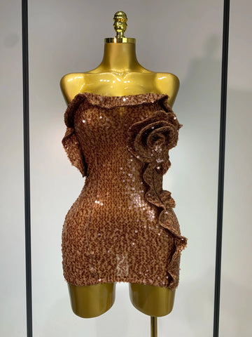 Women Sexy Strapless Backless Brown Sequins Mini Dress Celebrity Elegant Evening Party Club Luxury Birthday Guest Gown Dark Brown