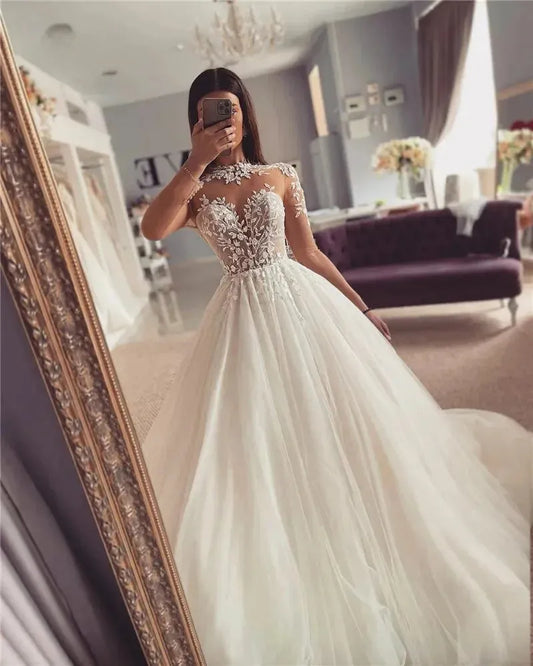 Long Sleeve Wedding Dresses A Line High Neck Bridal Dress Appliqued Lace Wedding Gowns