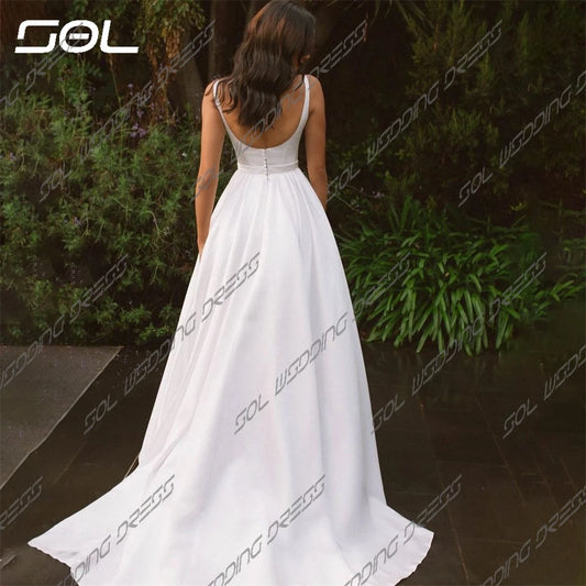 Sol Simple Square Collar Satin Wedding Dress With Belt Elegant Back Up Spaghetti Straps A-Line Bridal Gown Robe De Mariee