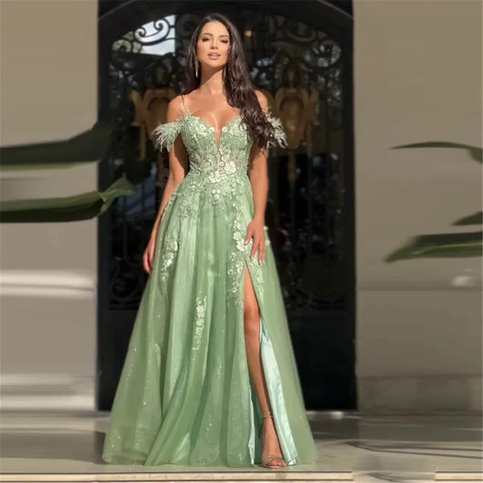 Elegant Prom Dresses Tulle Off The Shoulder Feathers Appliques Party Gowns Side Slit Floor Length Green