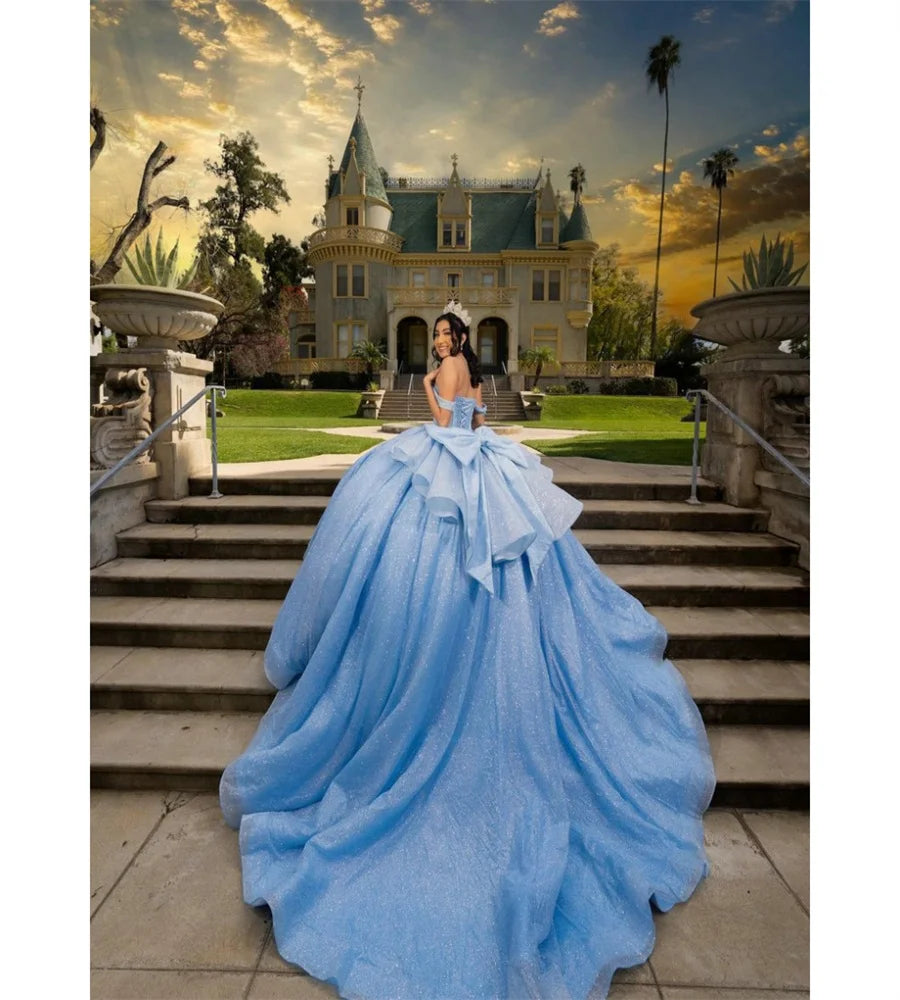 Customized Shinny Blue Quinceanera Dress 2025 Off Shoulders Vestidos De 15 Quinceañera Sweep Train Big Bow Corset Birthday Party