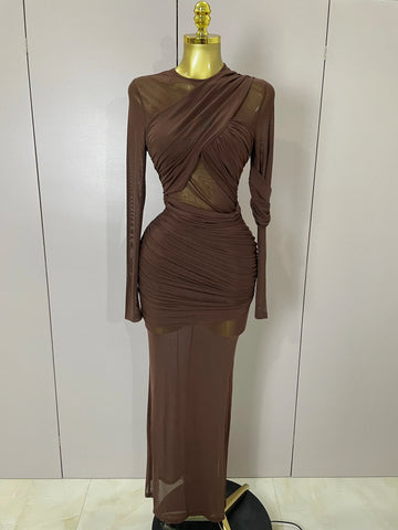 Women Elegant Brown Mesh Fold Long Sleeve Bodycon Dress Evening Party Club Sexy Perspective Fashion Luxury Birthday Dresses Dark Brown