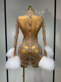 Luxury Sparkly Diamonds Pearl Mesh Mini Dress Women Celebrate Evening Party Birthday Fancy Club Sexy Bodycon Singer Stage Outfit