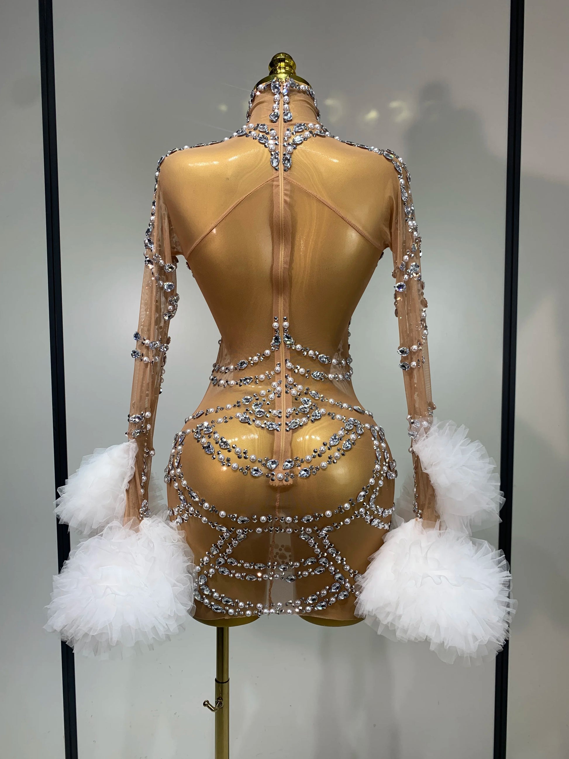 Luxury Sparkly Diamonds Pearl Mesh Mini Dress Women Celebrate Evening Party Birthday Fancy Club Sexy Bodycon Singer Stage Outfit