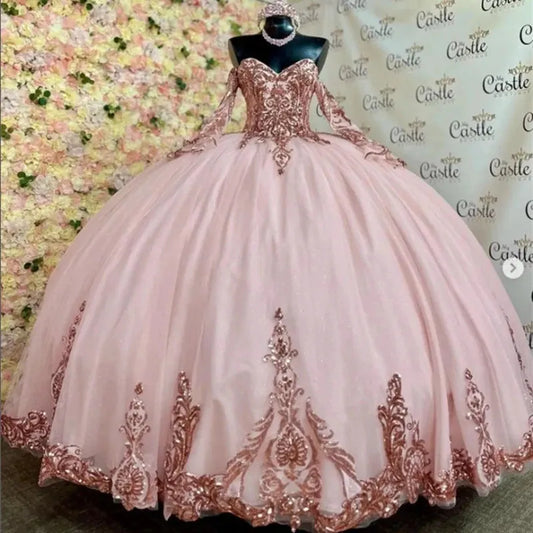 Pink Quinceanera Dresses Rose Gold Sequin Applique Formal Birthday Party Prom Ball Gown Vestidos De 15 Anos Corset Pink