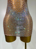 Sparkly Rhinestones Women Sexy One Shoulder Bodycon Mini Dress Mesh See Through Celebrate Nightclub Party Birthday Stage Outfit