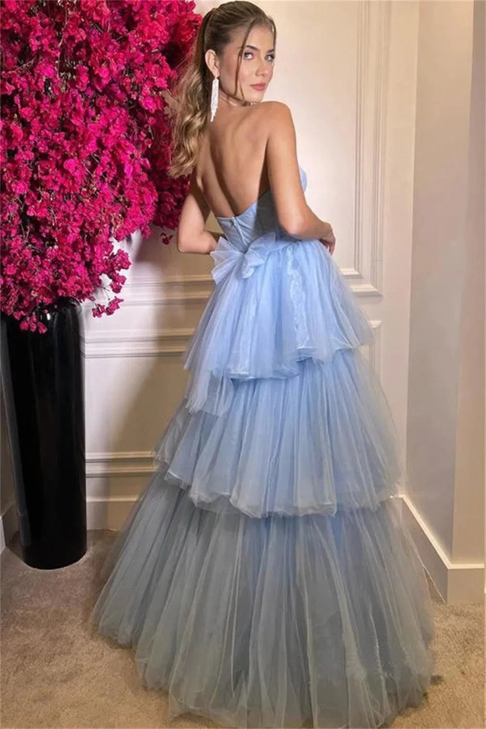 Light Blue Prom Dress Pleated A-line Vestidos De Noche Elegant Sleeveless Backless Floor-Length Formal Evening