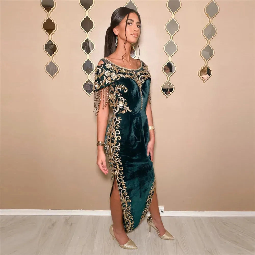 Green Traditional Algerian Dress Mermaid Scoop Neck Lace Appliques Tassel Side Slit Ankle Length Formal Prom Gowns Green Floor Length
