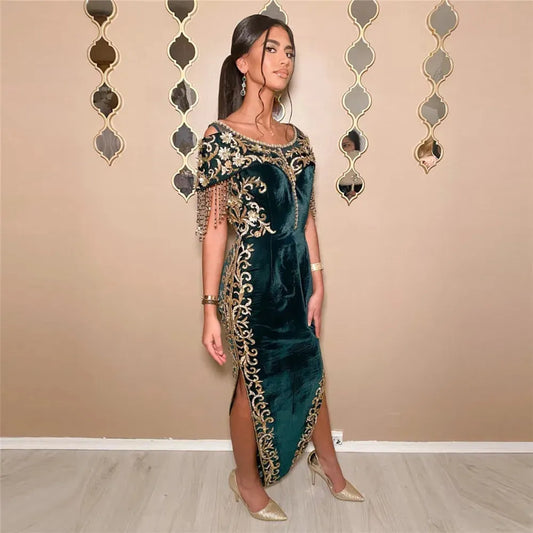 Green Traditional Algerian Dress Mermaid Scoop Neck Lace Appliques Tassel Side Slit Ankle Length Formal Prom Gowns Green Floor Length