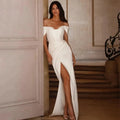 Sexy Women's Off Shoulder Bridal Dresses Satin Mermaid Pleated Side High Split Wedding Welcome Guest Gowns Formal Beach Party De