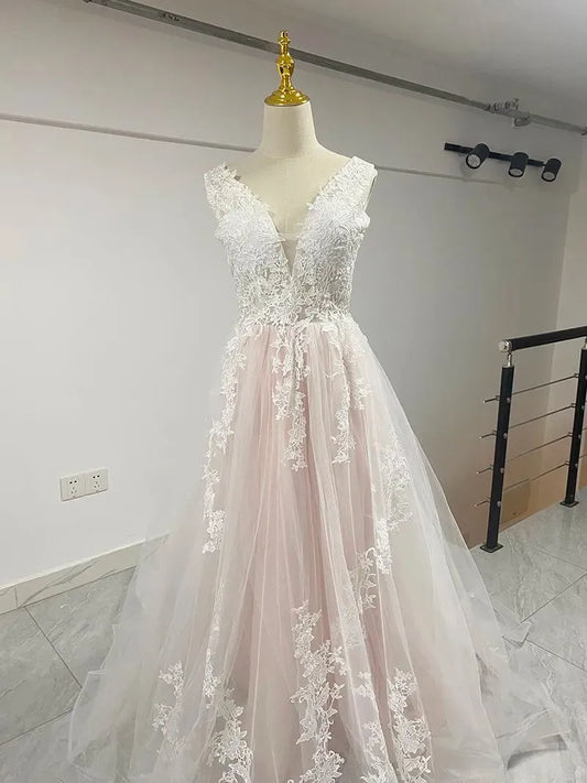 Deep V-neck Wedding Dresses Court Train Lace Boho Wedding Gown A-line Vestido De Noiva Zipper Robe De Mariee