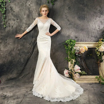 Summer O-neck Mermaid Wedding Dress Elegant Half Sleeve Lace Applique Bridal Dress Vestido De Noiva Plus Size Made Custom