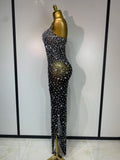 Women Sexy Sleeveless Rhinestone Bodycon Maxi Long Dress Evening Party Birthday Costume Bar Nightclub Stage Performance Clothing