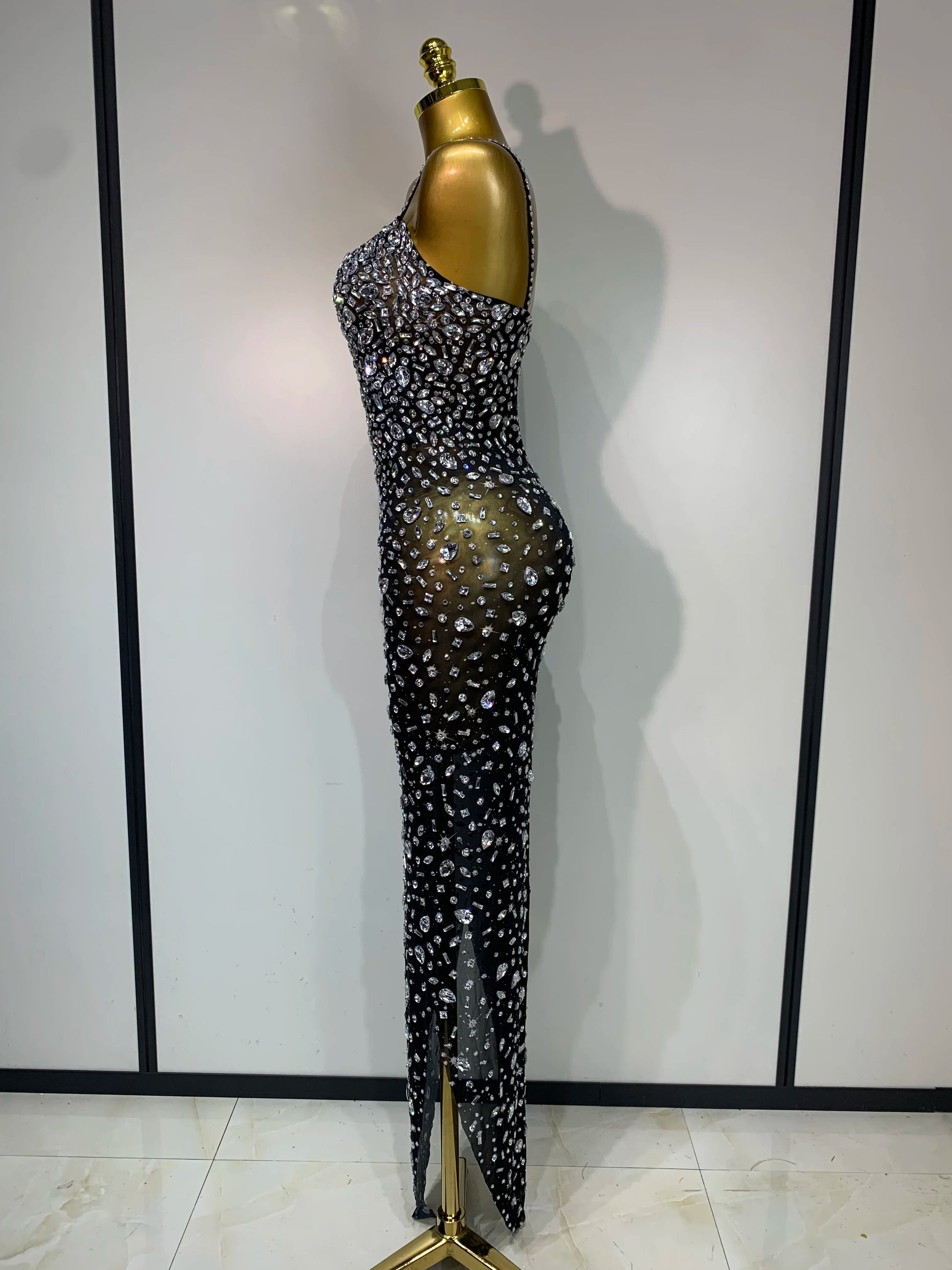 Women Sexy Sleeveless Rhinestone Bodycon Maxi Long Dress Evening Party Birthday Costume Bar Nightclub Stage Performance Clothing