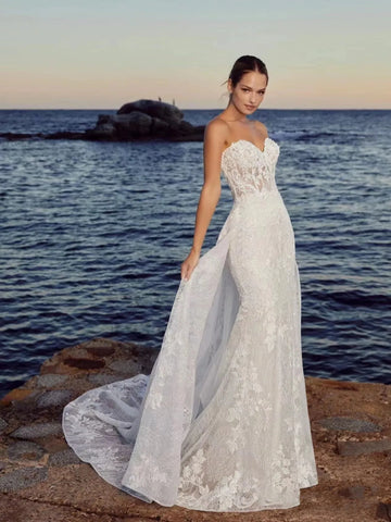 Beach Wedding Dresses With Detachable Train Sexy Bridal Gowns Lace Robes Sleeveless Backless Vintage Vestidos De Novia Custom Color