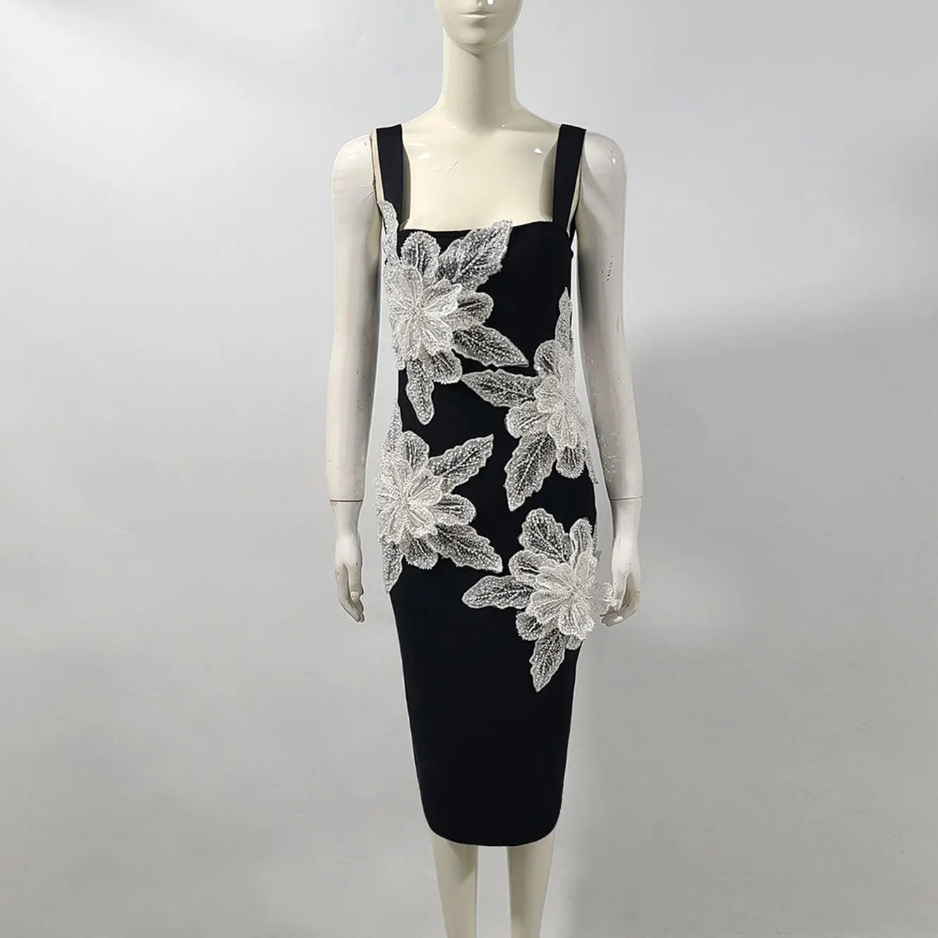 2025 Elegant Women's 3D Flower Design Bandage Dress Camisole Sleeveless Bodycon Knee length Dress Cocktail Banquet Dress Vestido black