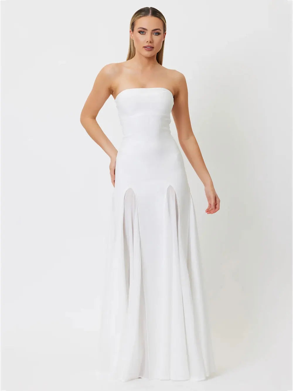 2025 Sexy Women'S Mesh Patchwork Bandage Dress Strapless Sleeveless Backless A-Line Pleated Long Dress For Evening Party Vestido WHITE