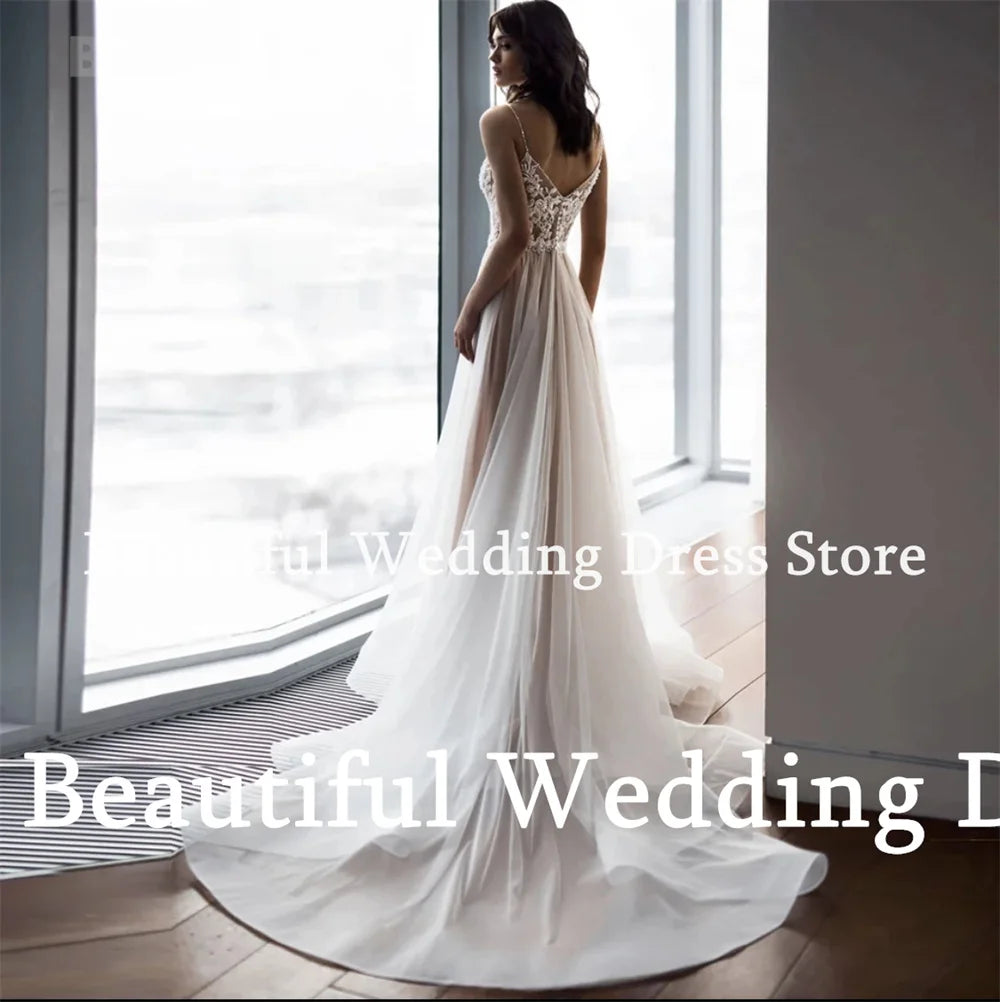 Beautiful Dress V-Neck Boho Wedding Dress Sexy Spaghetti Straps Zipper Back Long A-Line Bridal Dress Beach Formal Evening Dress