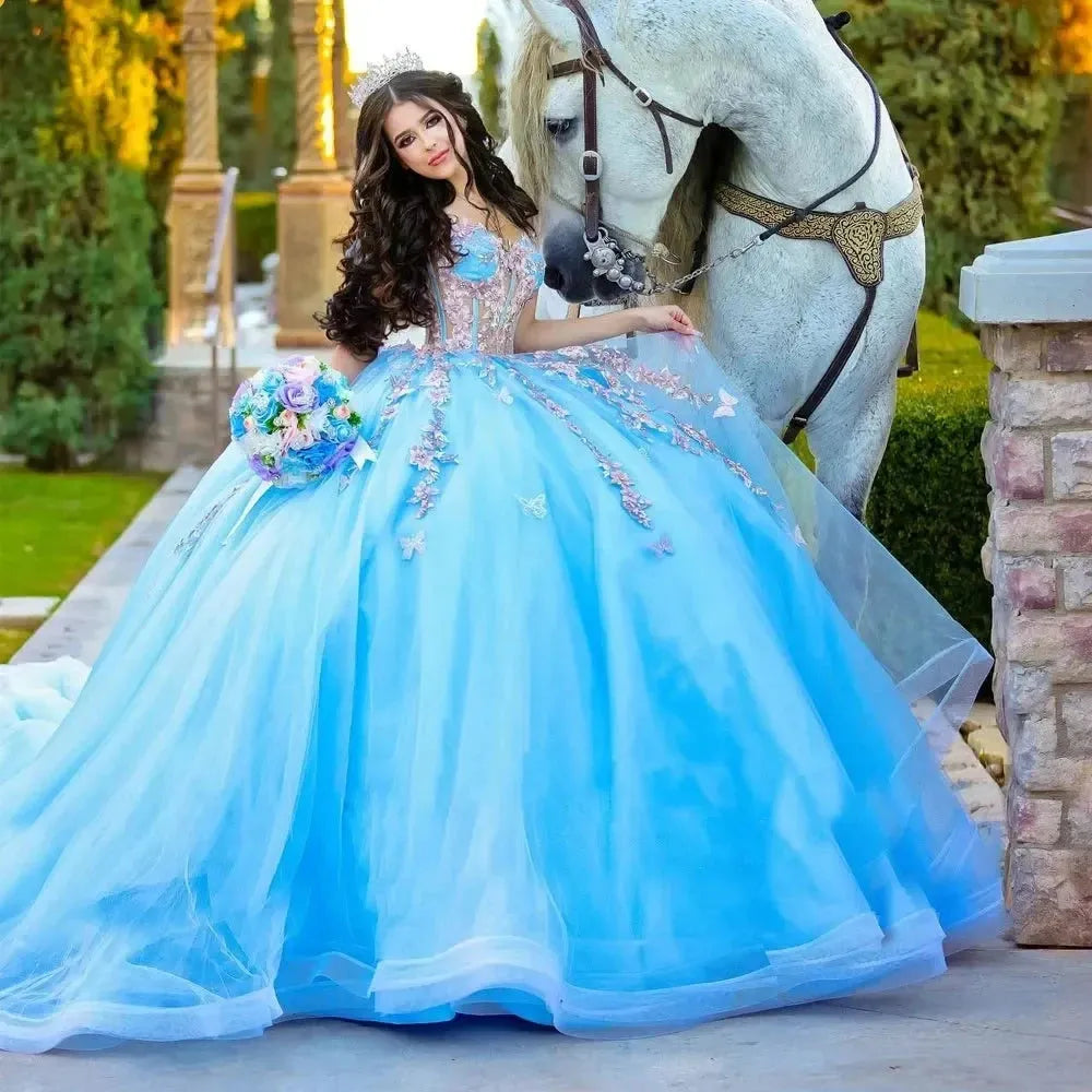 Blue Quinceanera Dresses Off-Shoulder Flower Beading Lace Appliques Ve
