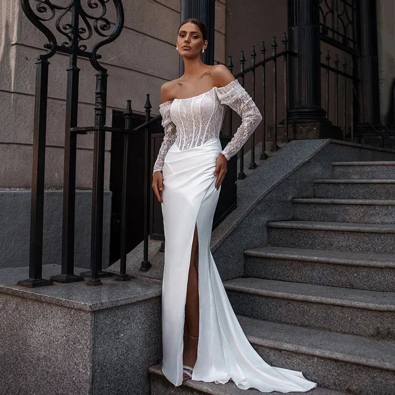 White Mermaid Wedding Dresses Off The Shoulder Long Sleeves Bridal Dress Boho Beach Wedding Prom Ball Gowns Customized White