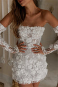 White Mini Prom Dresses Flower Lace Embroidery Evening Dress Elegant Off Shoulder Detachable Sleeves vestidos de fiesta