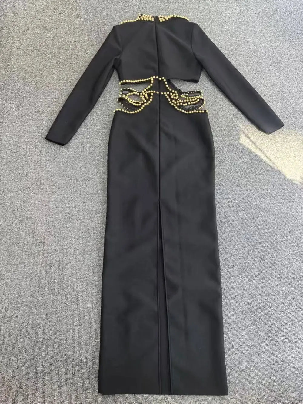 2025 Sexy Women's Light Luxury Pearl Bead Design Hollow Out Long Dress Stand Collar Long Sleeve Bodycon Dresses Party Vestidos