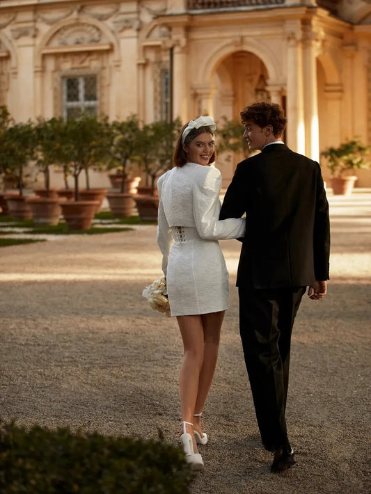 Romantic Sweetheart Neck Wedding Dress Simple Pleat Long Sleeve Bride Robe Sexy Satin Mini Bridal Gown Robe De Mariée