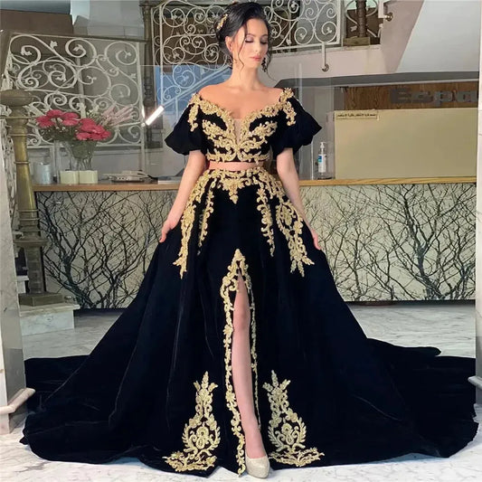 Noble A-Line Prom Dress Puff Sleeves Lace Appliques Formal Evening Dress High Slit Floor Length Kafeta Party Gowns Black