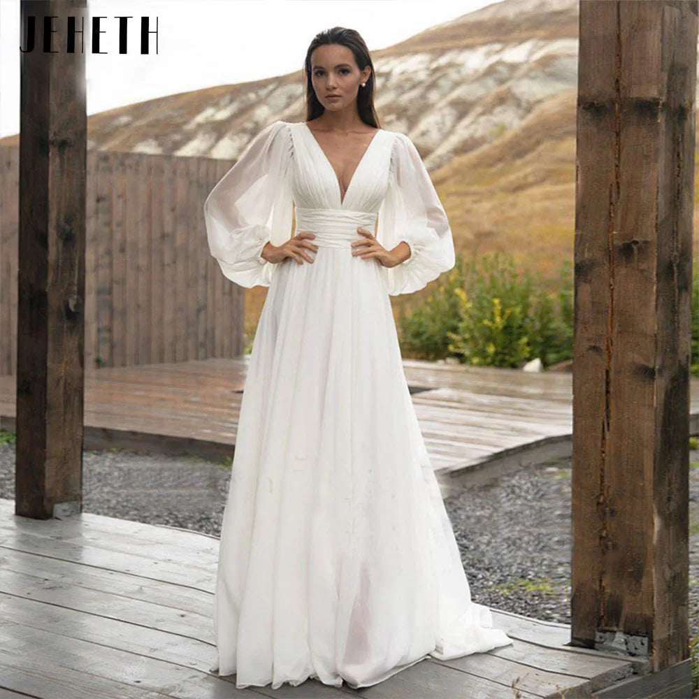 JEHETH Simple Puff Sleeve Wedding Dress Bridal Long A Line Backless Beach Bride Gown Sweep Train Chiffon Robe De Mariée Vestidos