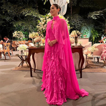 Noble Chiffon Prom Dress A-Line Long Cape Ruffles Tiered Floor Length Formal Evening Dress Women Party Gowns Fuchsia
