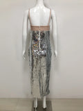 New Women Summer Sexy Backless Pearl Beads Diamonds Silver Sequin Midi Bodycon Dress 2025 Elegant Evening Party Gowns Vestido