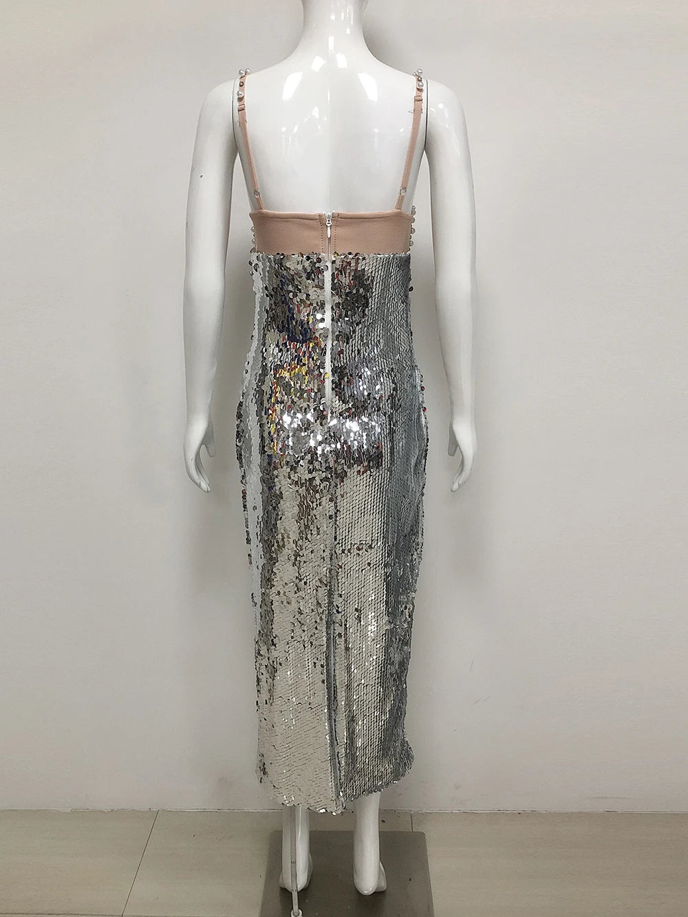 New Women Summer Sexy Backless Pearl Beads Diamonds Silver Sequin Midi Bodycon Dress 2025 Elegant Evening Party Gowns Vestido