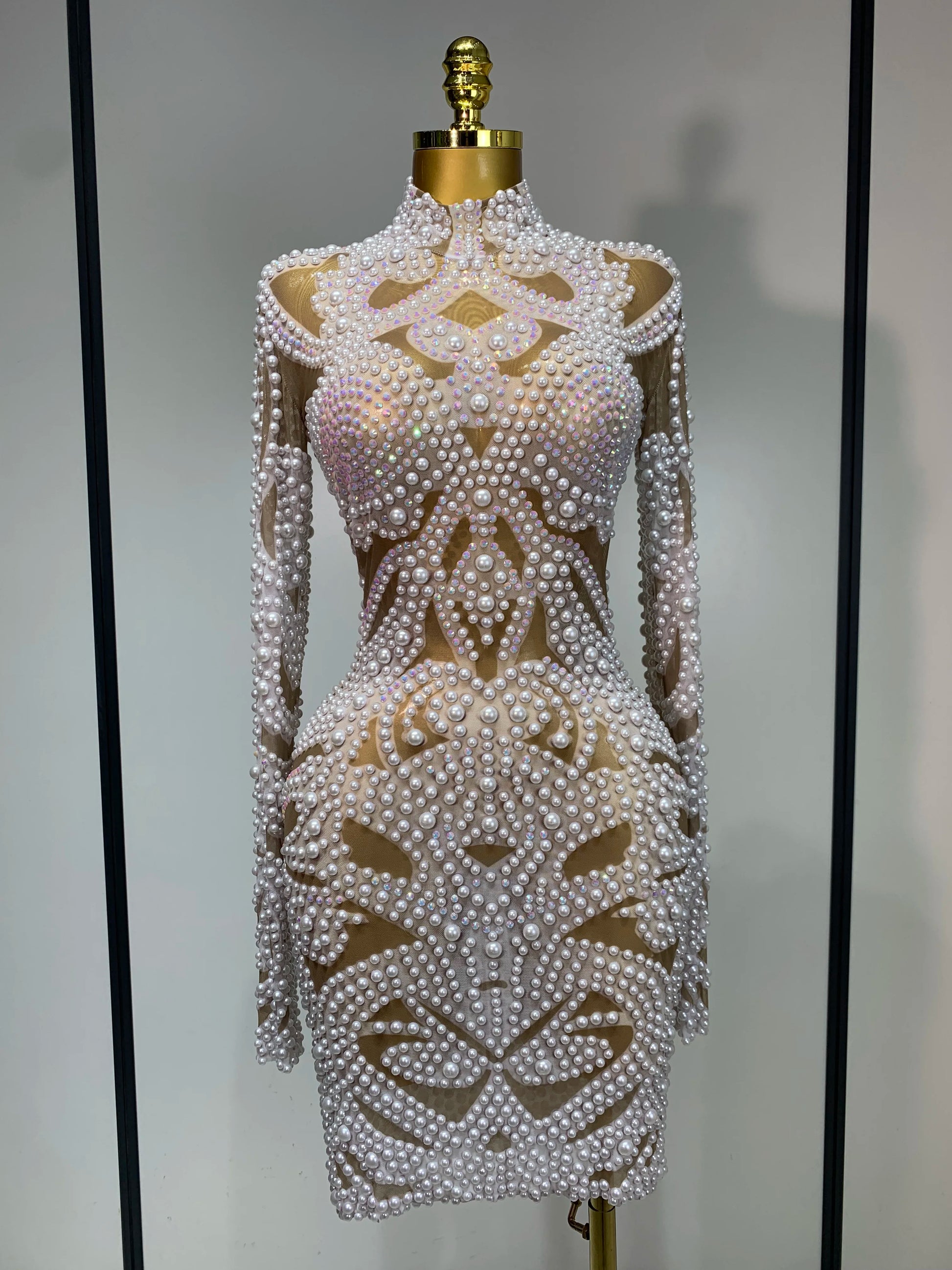 High Quality Women Sexy Rhinestone Pearl Mesh Transparent Dress Birthday Celebrate Dress Evening Party Dance Performance Costume dark skin
