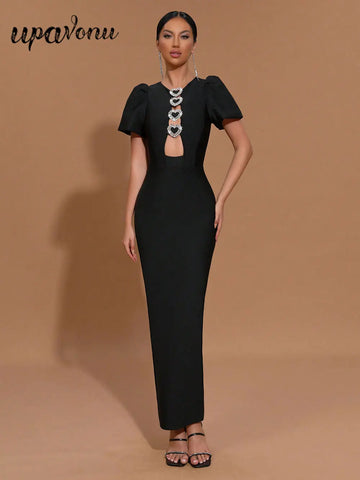 Sexy Women Three-Dimensional Heart-Shaped Design Hollow Bandage Dress O-Neck Short Sleeved Bodycon Black Long Dress Vestido