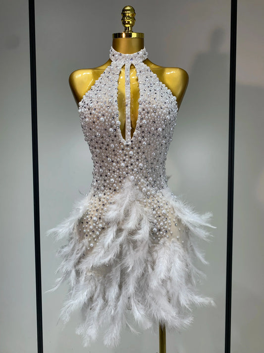 Sexy Halter Backless Feather Pearl Short Party Dress Women Luxury Rhinestone Celebrate Birthday Outfit Performance Dance Costume WHITE