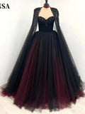 Gothic Black WIth Red Wedding Dress Sequins Cape Sleeve Ball Gown Vestidos De Novia Handmade A-line Prom Dresses As Picture