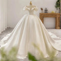 Off The Shoulder Flowers Short Sleeve Sweetheart Neck Lace Up Back Satin Ball Gown Wedding Dress With Chapel Train As Picture