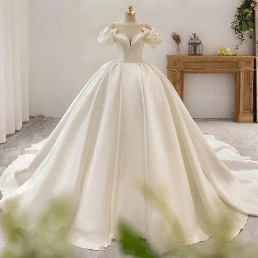 Off The Shoulder Flowers Short Sleeve Sweetheart Neck Lace Up Back Satin Ball Gown Wedding Dress With Chapel Train As Picture