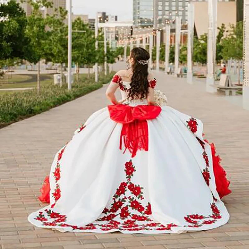 Customized White With Red Charro Quinceanera Dress Mexican Plus Size Prom Dress Corset Organza Tiered Ruffle vestidos de 15 años