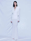 Elegant Solid Draped V-neck Long sleeves Maxi Dress Women White Sexy Backless Backless Evening Party Wedding Gowns Female