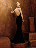 Elegant Black Sexy Off Shoulder Diamond Bead Tight Maxi Long Bandage Dress Women'S Celebrity Evening Runway Party Gowns