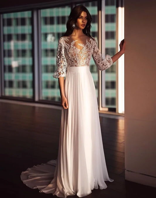 Romantic Beach A-Line Wedding Dresses Three Quarter Lantern Sleeves Cut-Out Lace O Neck Button Back Long Train Bridal Gowns As Picture