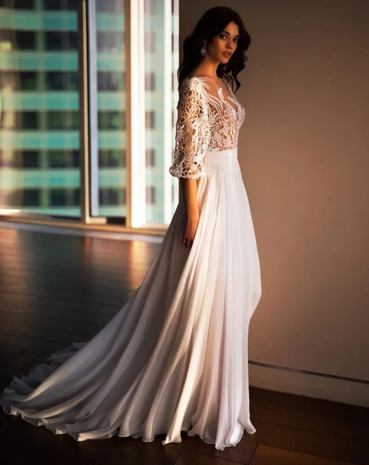 Romantic Beach A-Line Wedding Dresses Three Quarter Lantern Sleeves Cut-Out Lace O Neck Button Back Long Train Bridal Gowns