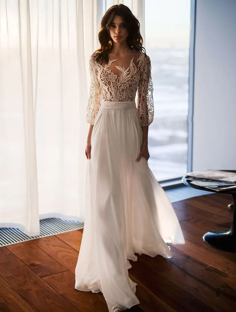 Romantic Beach A-Line Wedding Dresses Three Quarter Lantern Sleeves Cut-Out Lace O Neck Button Back Long Train Bridal Gowns