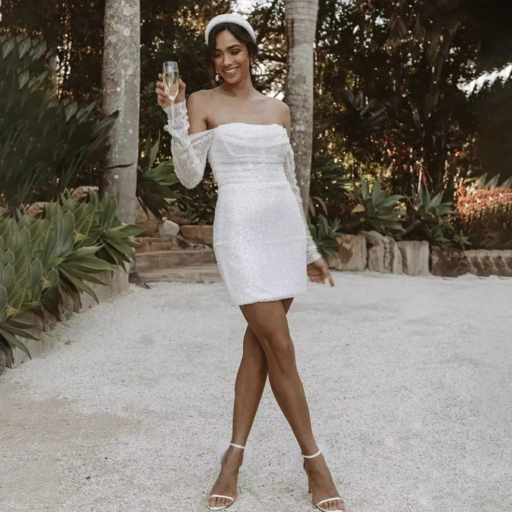 Off Shoulder Beading Mini Sheath Short Wedding Dress For Women Shiny Long Sleeves Above Knee Bridal Gown