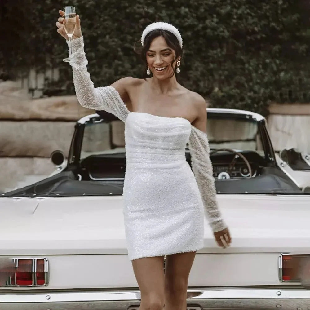 Off Shoulder Beading Mini Sheath Short Wedding Dress For Women Shiny Long Sleeves Above Knee Bridal Gown Ivory