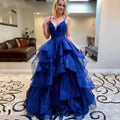 Princess Sapphire Blue Prom Dress Elegant Sequins Belt Puffy Vestidos De Noche Edge Curl
