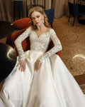 Classic Lace Appliques Wedding Dress Boho Long Sleeve Buttons Back A-Line Satin Custom Bridal Evening Dress Birthday Party Dress