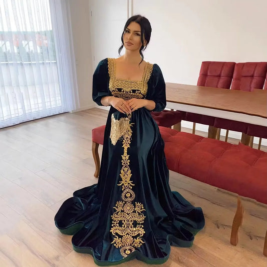 Elegant Navy Blue Mermaid Kaftan Evening Dress Square Collar Lace Appliques Prom Gown Floor Length Algerian Outfit