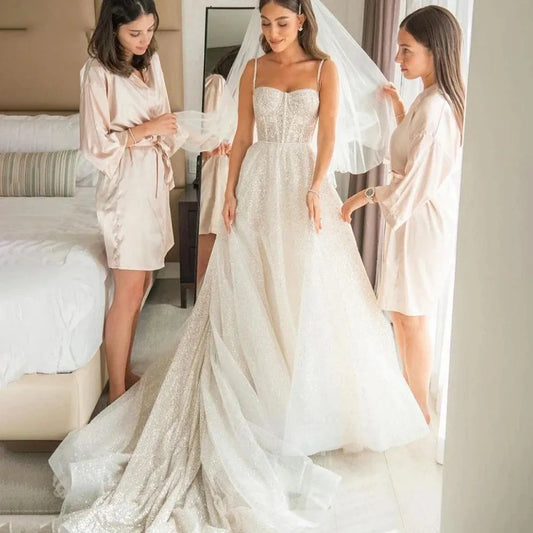 Glitter A-Line Wedding Dresses Spaghetti Straps Sweetheart Open The Back Boho Bridal Gowns Shiny Princess Bride Dress White